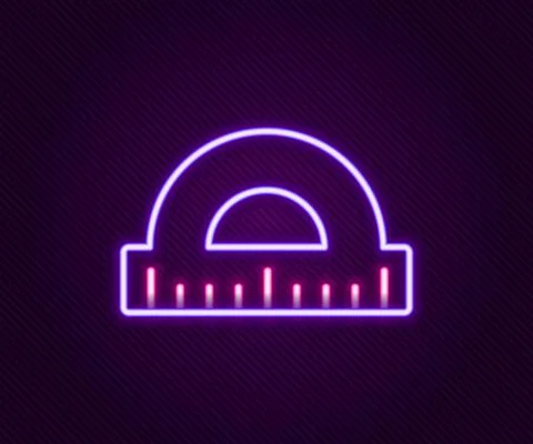 Glowing neon line Protractor grid for measuring degrees icon isolated on black Stock Illustration