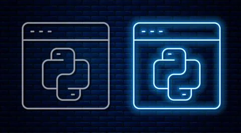 Glowing neon line Python programming language icon isolated on brick wall Stock Illustration