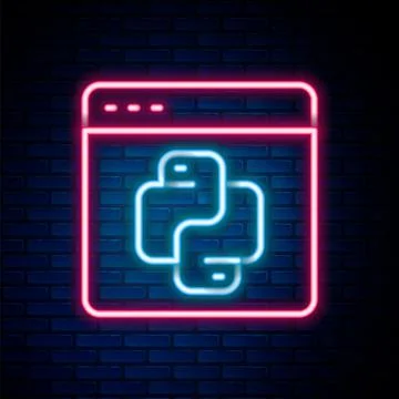 Glowing neon line Python programming language icon isolated on brick wall Illustration