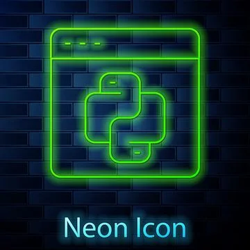 Glowing neon line Python programming language icon isolated on brick wall b.. Illustration