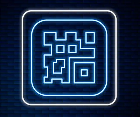 Glowing neon line QR code sample for smartphone scanning icon isolated on brick イラスト素材