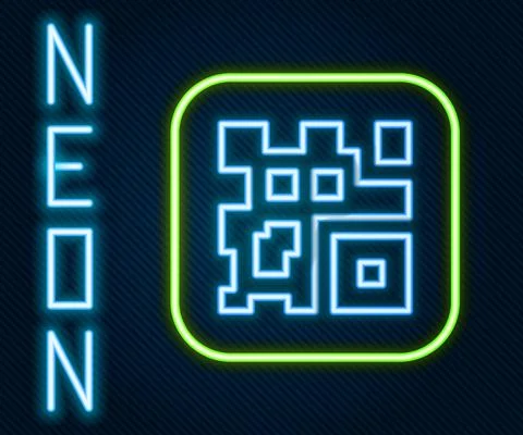 Glowing neon line QR code sample for smartphone scanning icon isolated on black 스톡 일러스트