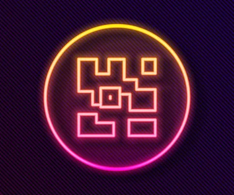 Glowing neon line QR code sample for smartphone scanning icon isolated on black Stock Illustration