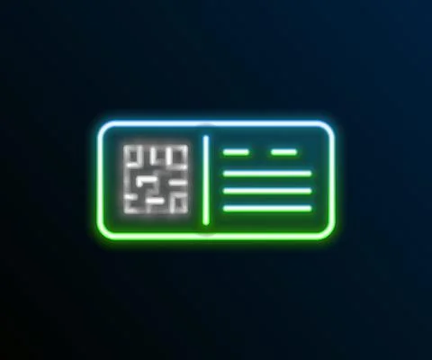 Glowing neon line QR code ticket train icon isolated on black background Stock Illustration