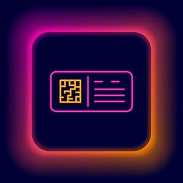 Glowing neon line QR code ticket train icon isolated on black background. C.. Illustrazione stock