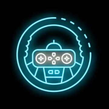 Glowing neon line racing simulator steering wheel icon isolated on black back Stock Illustration