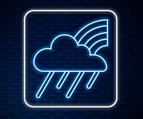 Glowing neon line Rainbow with cloud and rain icon isolated on brick wall Stockillustratie