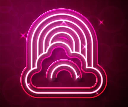 Glowing neon line Rainbow with cloud icon isolated on red background. Vector Stock Illustration