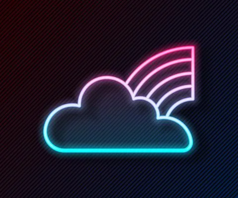 Glowing neon line Rainbow with clouds icon isolated on black background. Vector Illustrazione stock