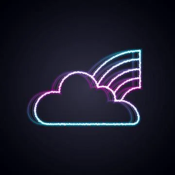 Glowing neon line Rainbow with clouds icon isolated on black background. Vector Illustrazione stock