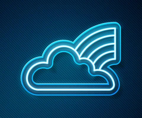 Glowing neon line Rainbow with clouds icon isolated on blue background. Vector Illustrazione stock