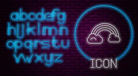 Glowing neon line Rainbow with clouds icon isolated on brick wall background Stock Illustration