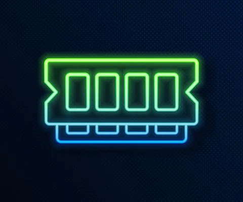 Glowing neon line RAM, random access memory icon isolated on blue background Stock-Illustration