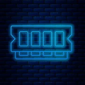 Glowing neon line RAM, random access memory icon isolated on brick wall Stock Illustration