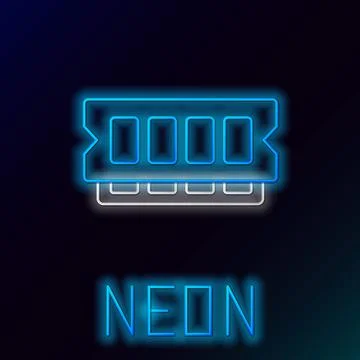 Glowing neon line RAM, random access memory icon isolated on black background Illustrazione stock