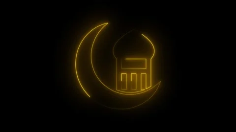 Glowing neon line ramadan icon animation. Gold neon crescent with mosque ic.. Видео 336203256
