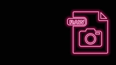 Glowing neon line RAW file document. Download raw button icon isolated on black Stock Footage 141010201