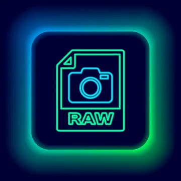 Glowing neon line RAW file document. Download raw button icon isolated on black 스톡 일러스트