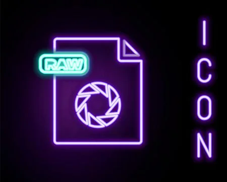 Glowing neon line RAW file document. Download raw button icon isolated on black Stock Illustration
