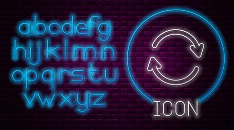 Glowing neon line Refresh icon isolated on brick wall background. Reload symbol Stock Illustration