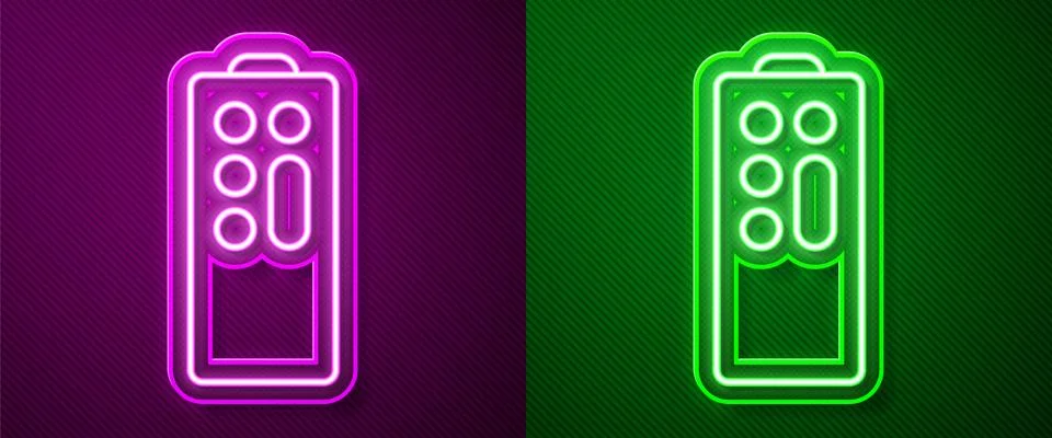 Glowing neon line Remote control icon isolated on purple and green background Illustrazione stock