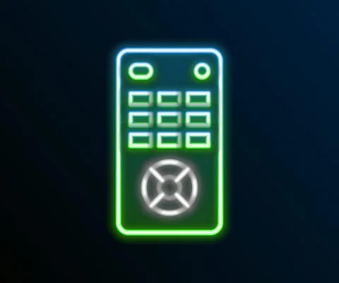 Glowing neon line Remote control icon isolated on black background. Colorful Illustrazione stock