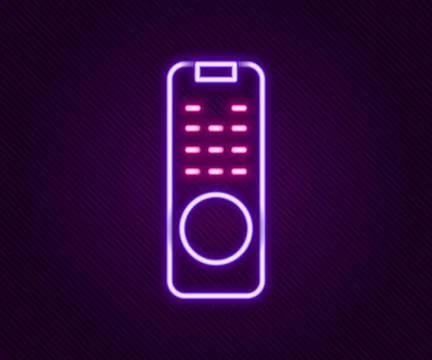 Glowing neon line Remote control icon isolated on black background. Colorfu.. Stock Illustration