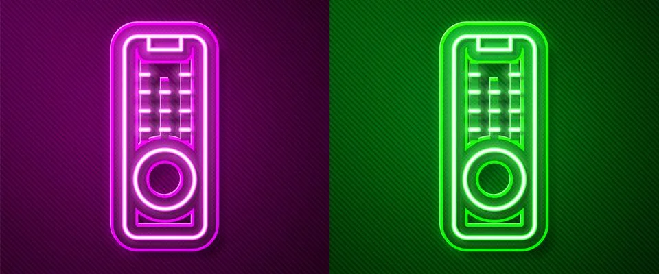 Glowing neon line Remote control icon isolated on purple and green backgrou.. Stock Illustration