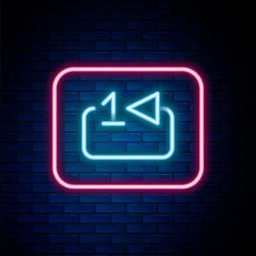 Glowing neon line Repeat track music player icon isolated on brick wall 스톡 일러스트