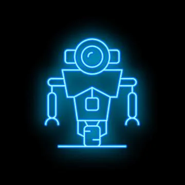 Glowing neon line robot standing with camera lens instead of head on black .. Stock Illustration