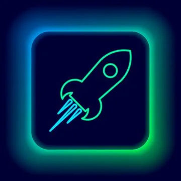 Glowing neon line Rocket ship with fire icon isolated on black background. Space Stock Illustration