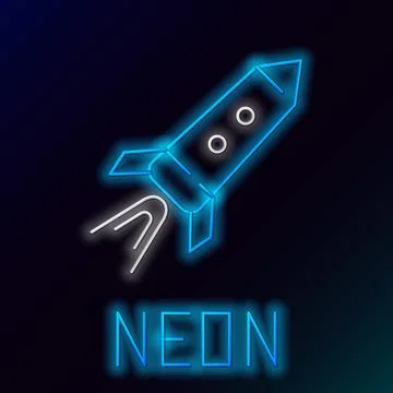 Glowing neon line Rocket ship with fire icon isolated on black background. Space Stock Illustration