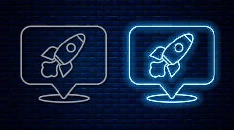 Glowing neon line Rocket ship icon isolated on brick wall background. Space.. Stock Illustration