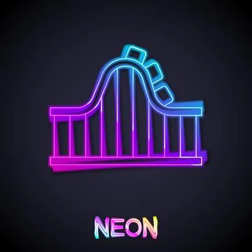 Glowing neon line Roller coaster icon isolated on black background. Amuseme.. Stock Illustration