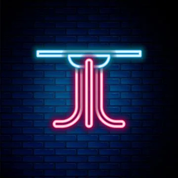Glowing neon line Round table icon isolated on brick wall background. Colorful Illustrazione stock