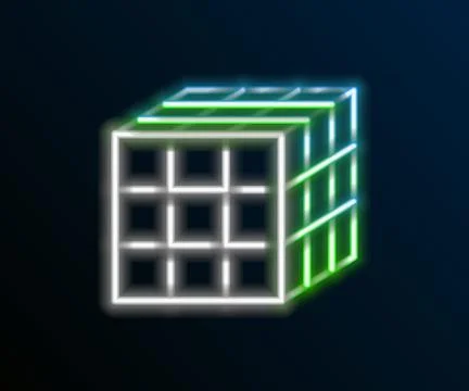 Glowing neon line Rubik cube icon isolated on black background. Mechanical .. Stock Illustration
