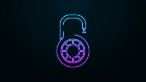 Glowing neon line Safe combination lock wheel icon isolated on black background Stock Footage 139999305
