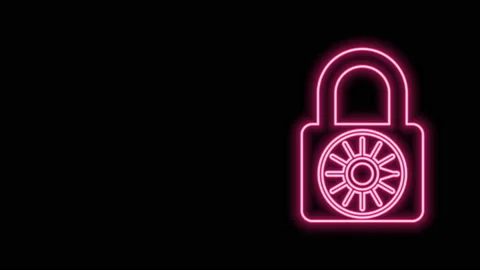 Glowing neon line Safe combination lock wheel icon isolated on black background Stock Footage 140827673