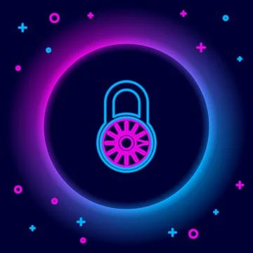 Glowing neon line Safe combination lock wheel icon isolated on black background イラスト素材