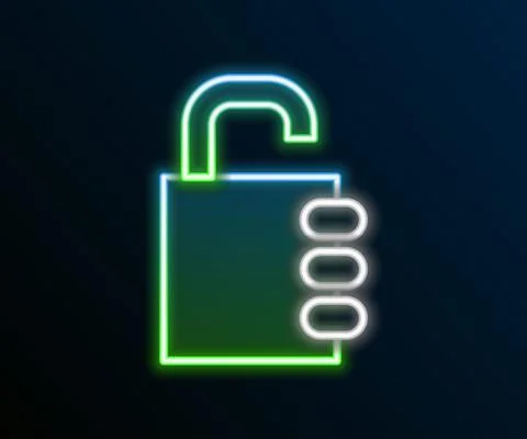 Glowing neon line Safe combination lock icon isolated on black background Stock-Illustration