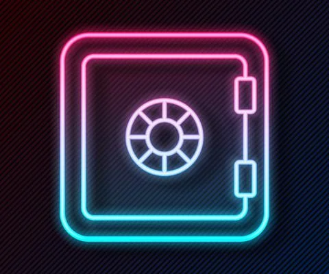 Glowing neon line Safe icon isolated on black background. The door safe a bank Illustrazione stock