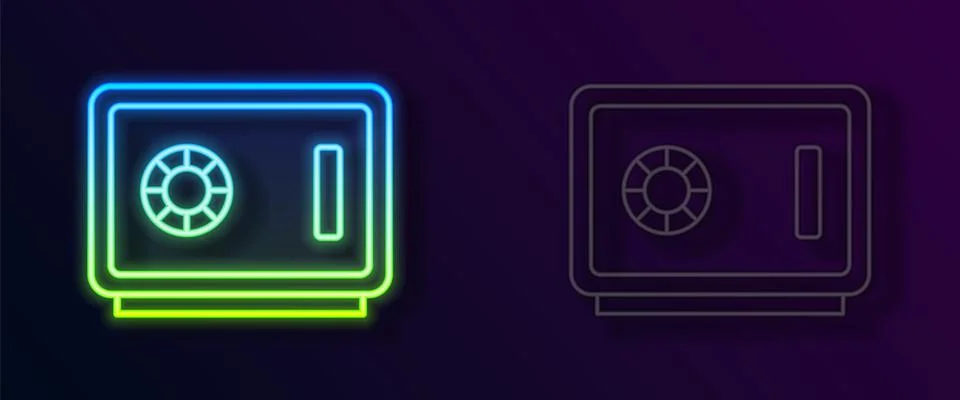 Glowing neon line Safe icon isolated on black background. The door safe a ban Ilustración de archivo