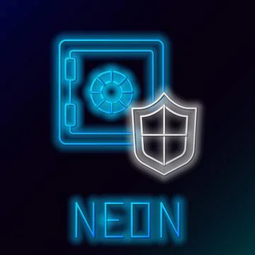 Glowing neon line Safe with shield icon isolated on black background. Insurance Ilustración de archivo
