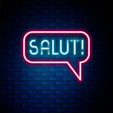 Glowing neon line Salut in different languages icon isolated on brick wall .. Stock Illustration