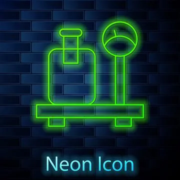 Glowing neon line Scale with suitcase icon isolated on brick wall background 스톡 일러스트