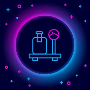 Glowing neon line Scale with suitcase icon isolated on black background イラスト素材