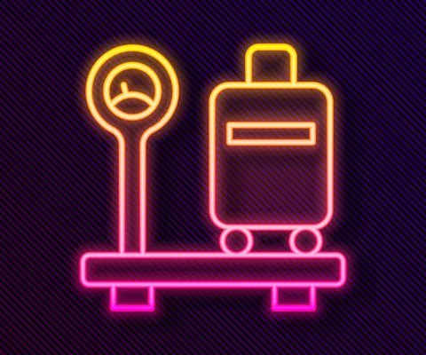Glowing neon line Scale with suitcase icon isolated on black background Illustration