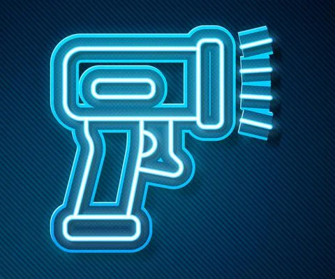 Glowing neon line Scanner scanning bar code icon isolated on blue background Stock Illustration
