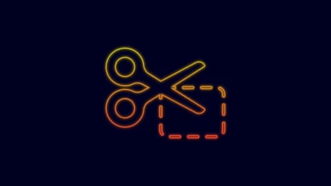 Glowing neon line Scissors cuts discount coupon icon isolated on blue background Stock Footage 227209569