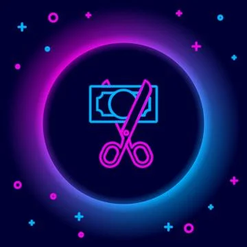 Glowing neon line Scissors cutting money icon isolated on black background Stock Illustration